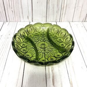 Vintage L.E. Smith Moon And Star Relish Divided Serving MCM Dish Green Glass